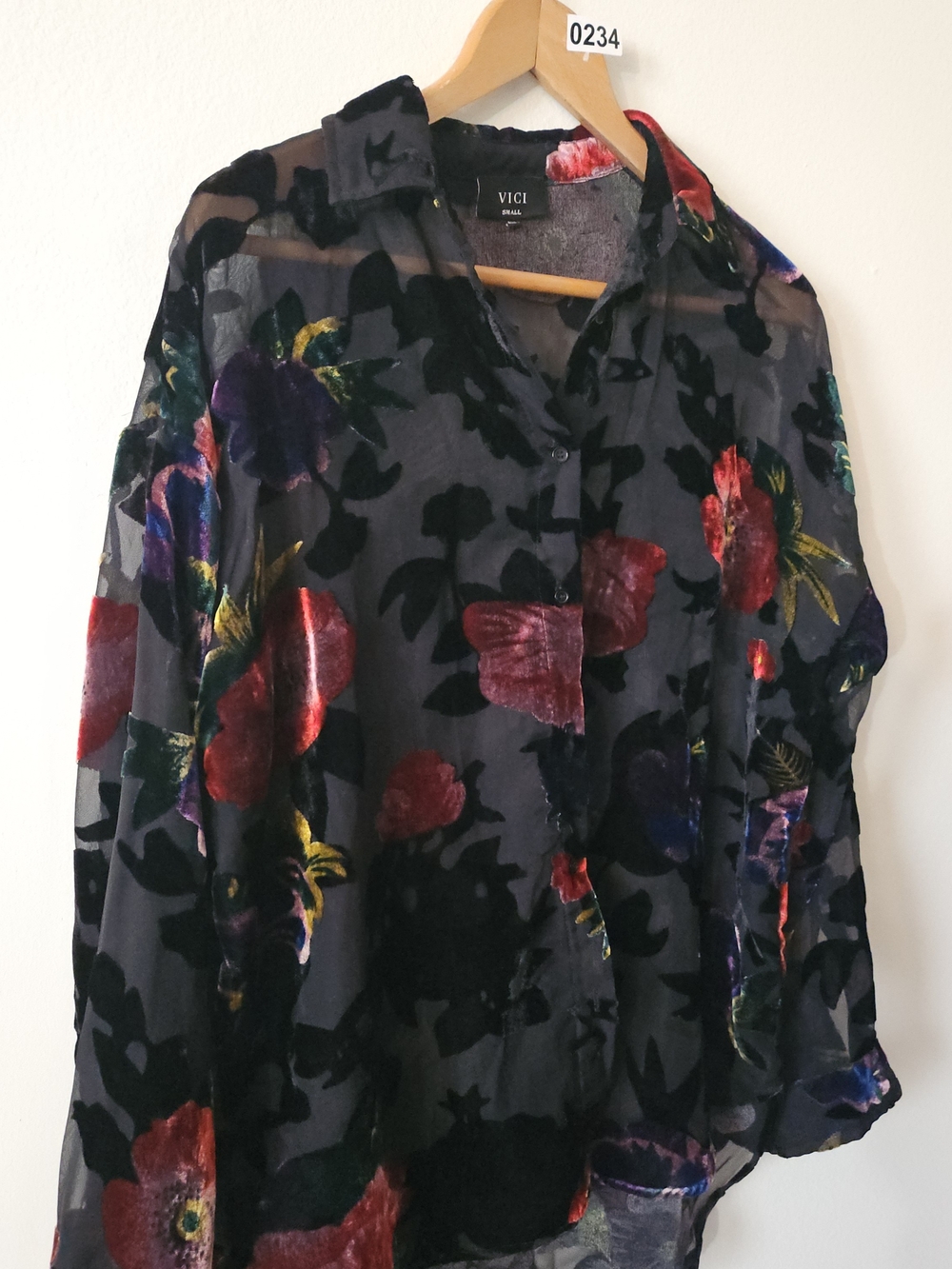 Black Sheer Button-Down Shirt with Multicolor Velvet Floral 234